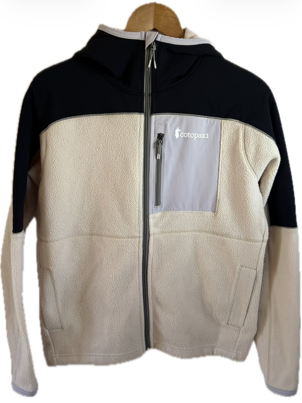 Cotopaxi Hooded Sherpa Fleece Jacket Cream and Black